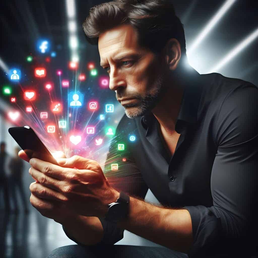ai generated, man, social media, adult, phone, smartphone, social network, addiction, facebook, instagram logo, twitter, instagram, youtube, like, tiktok, online, icon, internet